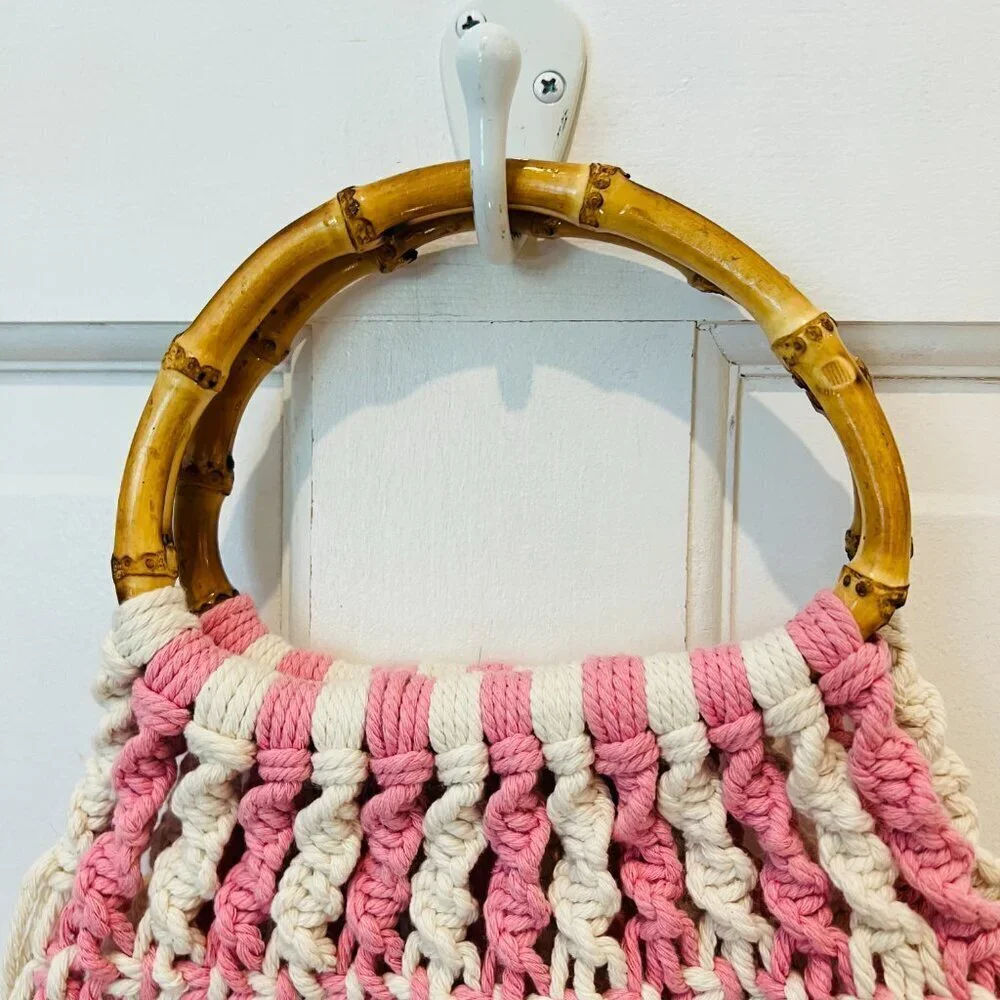 Vintage 70s Macrame Market Bag, Crochet Hobo Handbag, Handwoven Purse w Bamboo